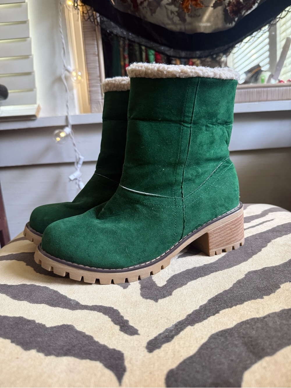 Cozy Emerald Green Faux Suede/Shearling-Lined Block Heel Boots